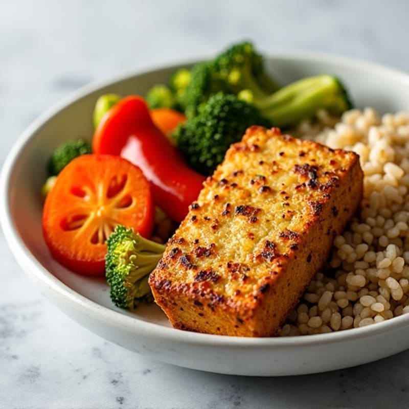 Crispy Baked Tofu with Herb-Roasted Vegetables and Brown Rice