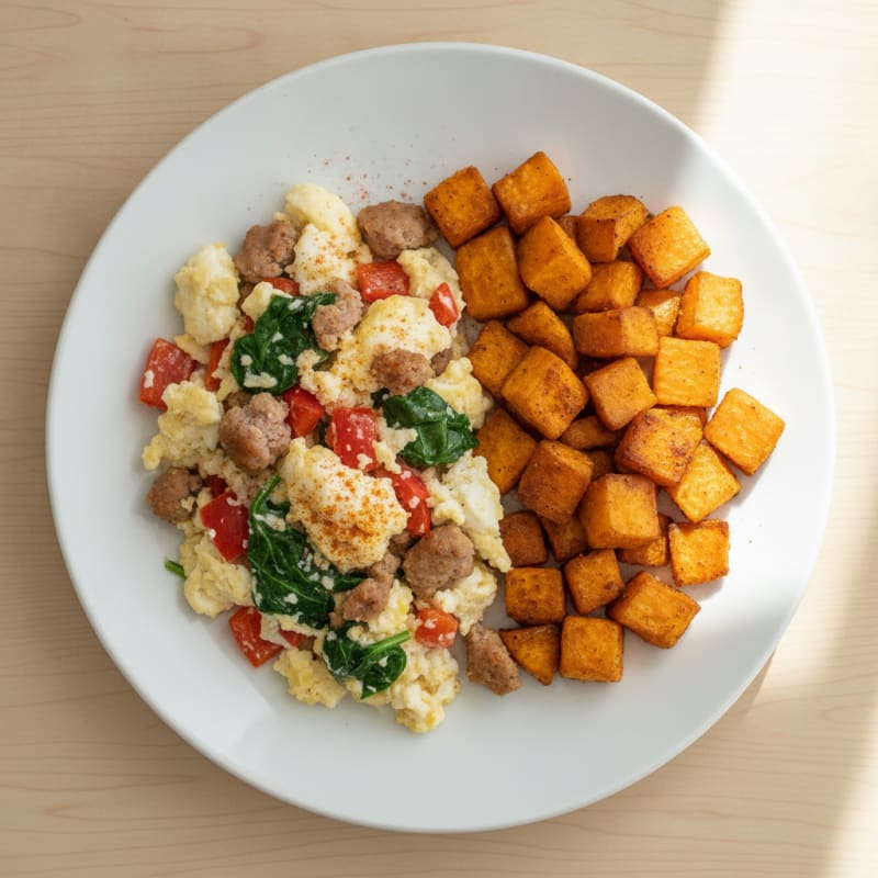 Egg White and Turkey Sausage Scramble with Roasted Sweet Potatoes