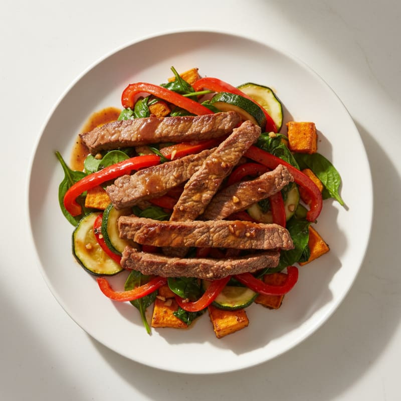 Seared Beef Strips with Sautéed Vegetables and Spinach
