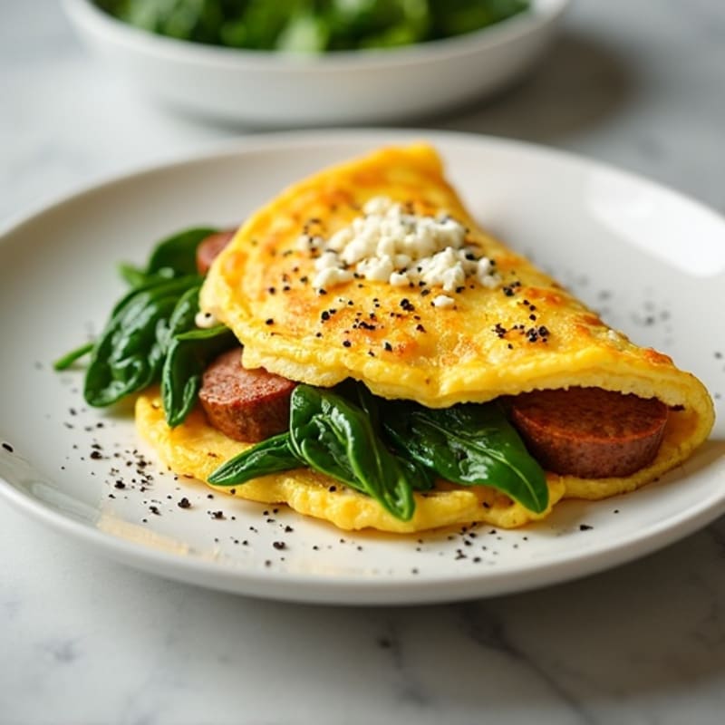 Egg White Omelette with Turkey Sausage and Sautéed Spinach