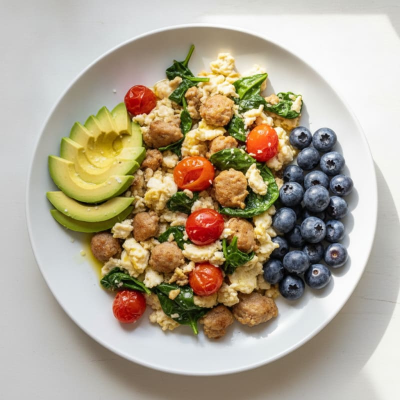 Egg White and Turkey Sausage Scramble with Spinach and Tomatoes