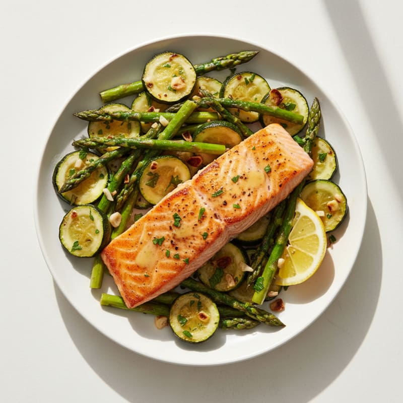 Pan-Seared Salmon with Lemon-Garlic Roasted Vegetables