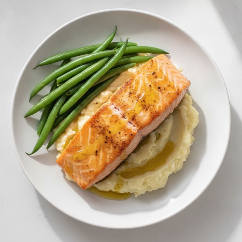 Seared Salmon with Steamed Green Beans and Garlic Mashed Cauliflower