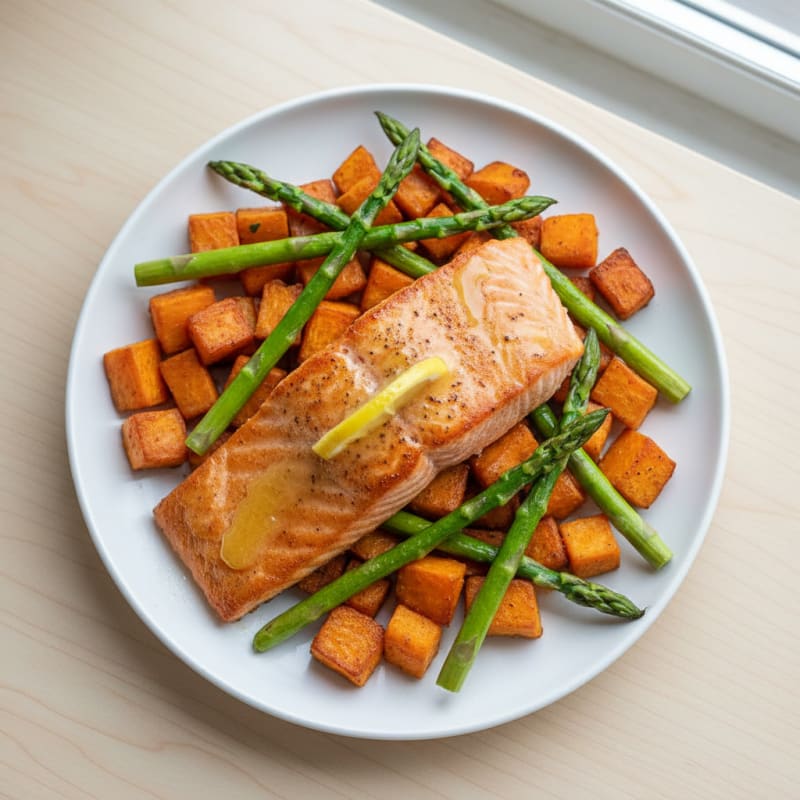 Seared Salmon Fillet with Roasted Sweet Potatoes and Asparagus