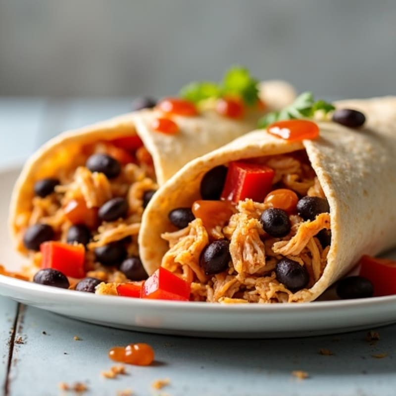 Baked Shredded Chicken and Black Bean Stuffed Tortillas with Smoky Chili Sauce