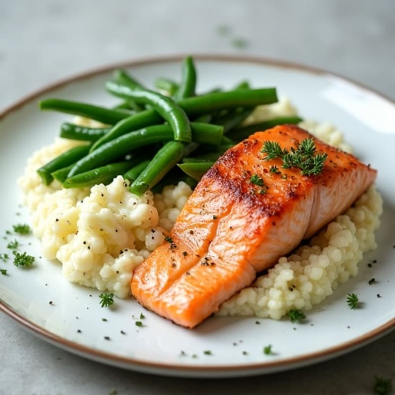 Seared Salmon with Steamed Green Beans and Garlic Mashed Cauliflower