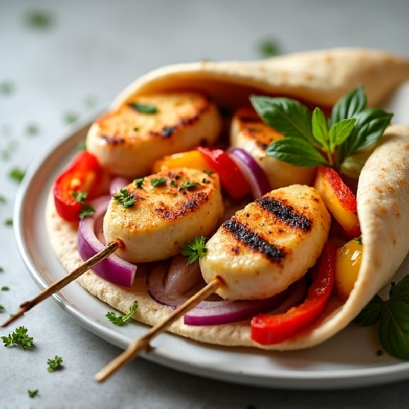 Herb-Garlic Chicken Skewers with Grilled Halloumi Pita
