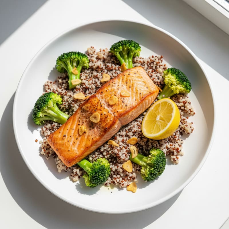 Seared Salmon with Steamed Broccoli and Quinoa