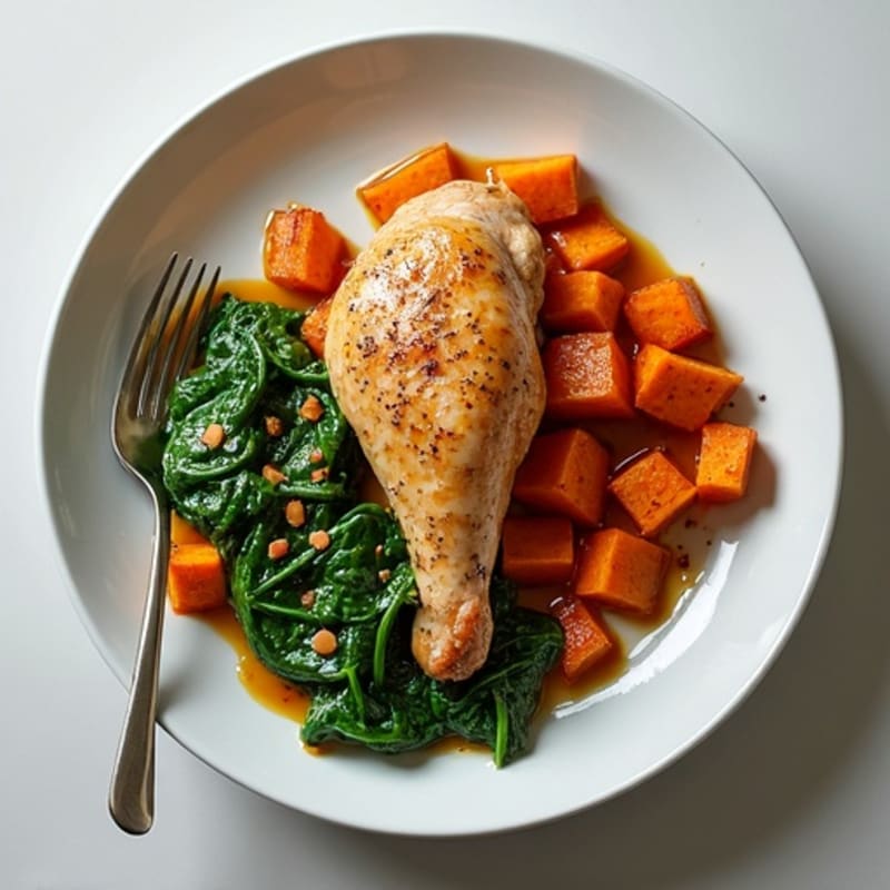 Spicy Braised Chicken with Creamy Spinach and Roasted Sweet Potatoes