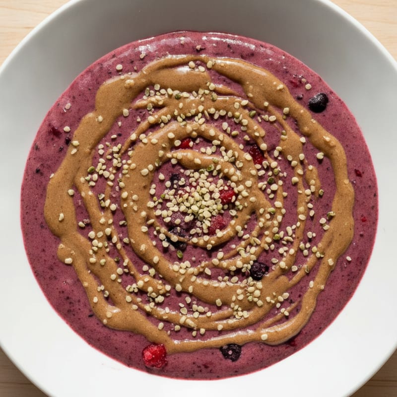 Silky Tofu Protein Smoothie Bowl with Almond Butter and Hemp Seeds