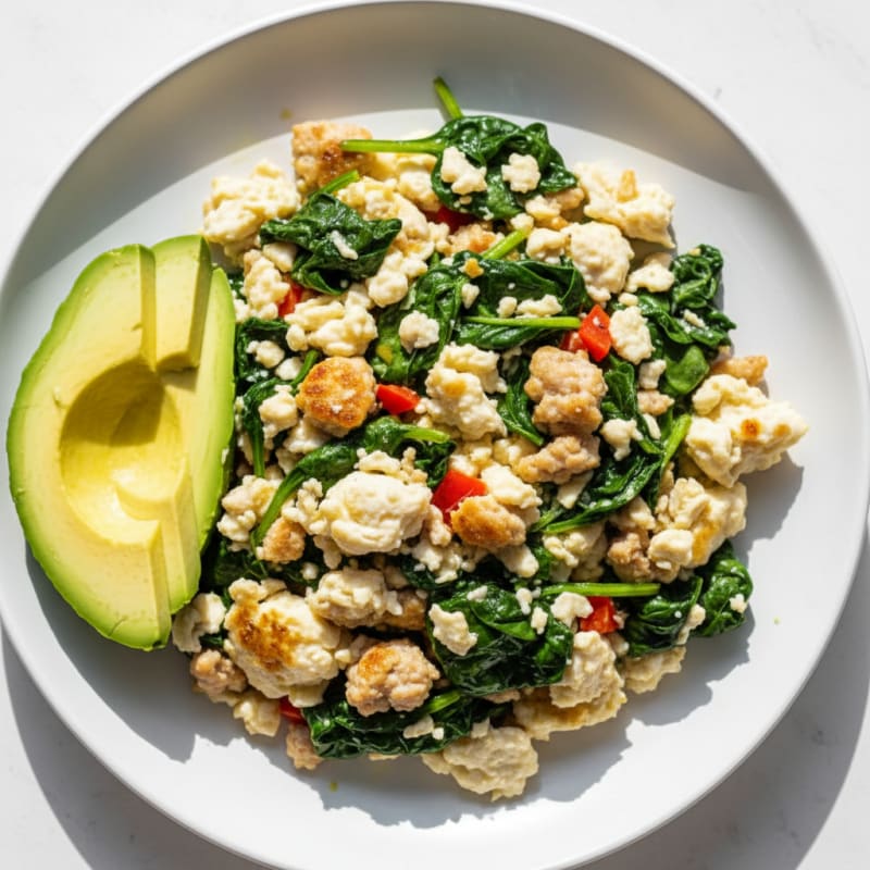 Egg White and Turkey Sausage Scramble with Sautéed Spinach