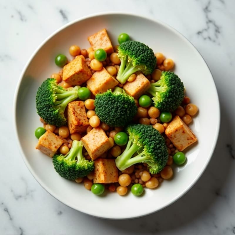 Lentil and Chickpea Stir Fry with Broccoli, Edamame, and Tofu