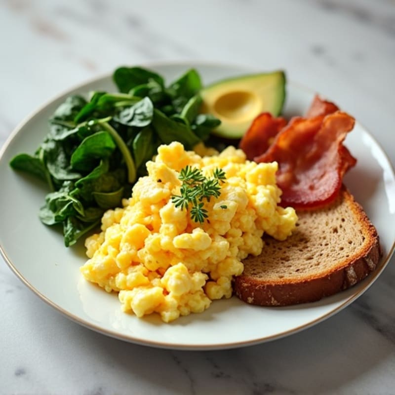 Scrambled Egg Whites with Sautéed Spinach, Turkey Bacon, Toast & Avocado