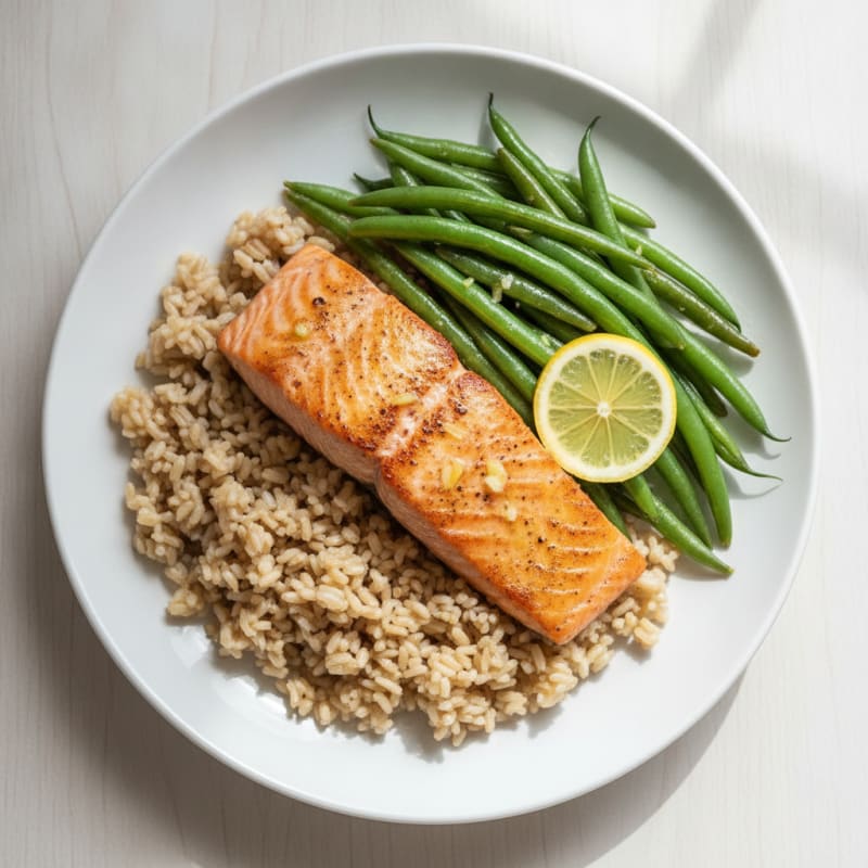 Seared Salmon Fillet with Steamed Green Beans and Brown Rice