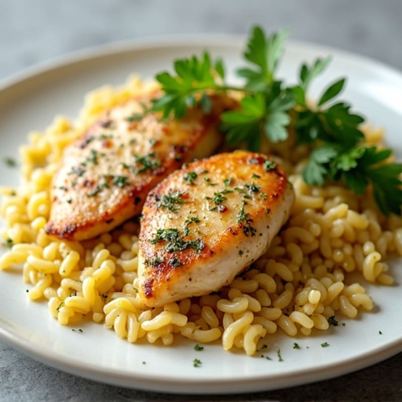 Lemon-Herb Pan Seared Chicken with Garlic Orzo