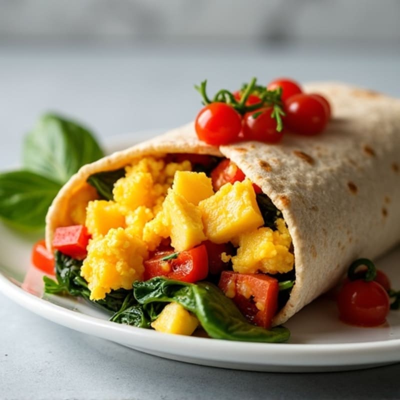 Scrambled Egg and Black Bean Whole Wheat Breakfast Burrito with Sautéed Veggies