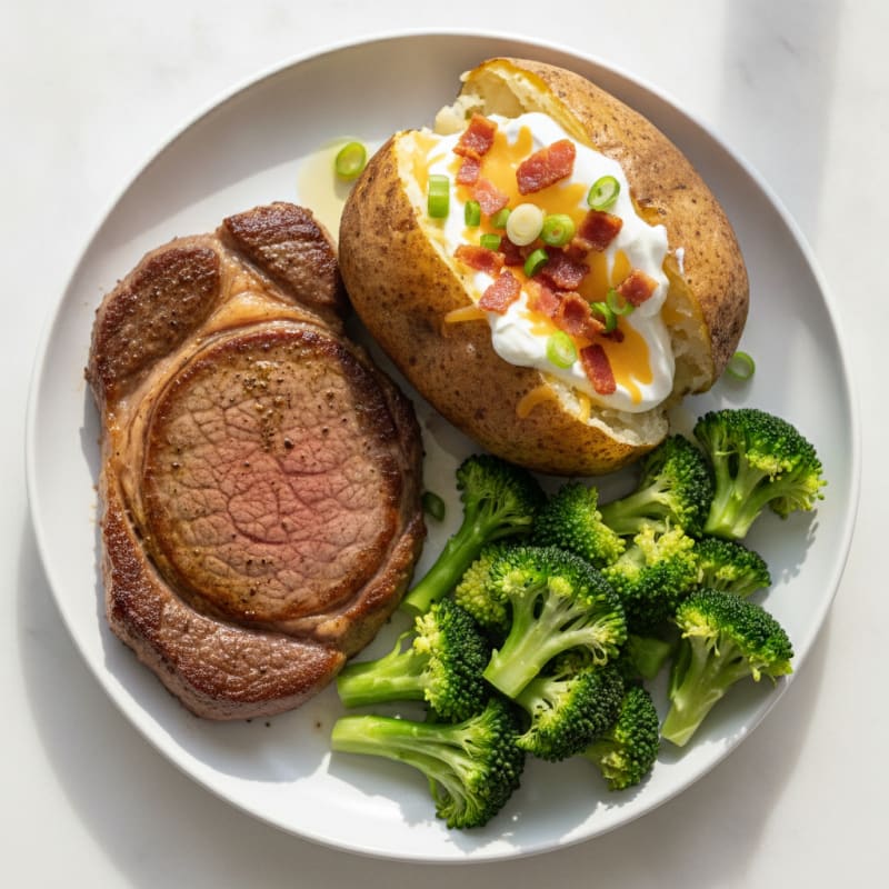 Seared Sirloin Steak with Steamed Broccoli and Loaded Baked Potato