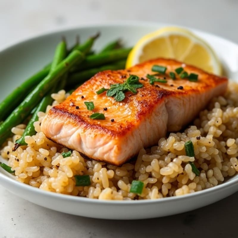 Seared Salmon with Garlic Green Beans and Brown Rice