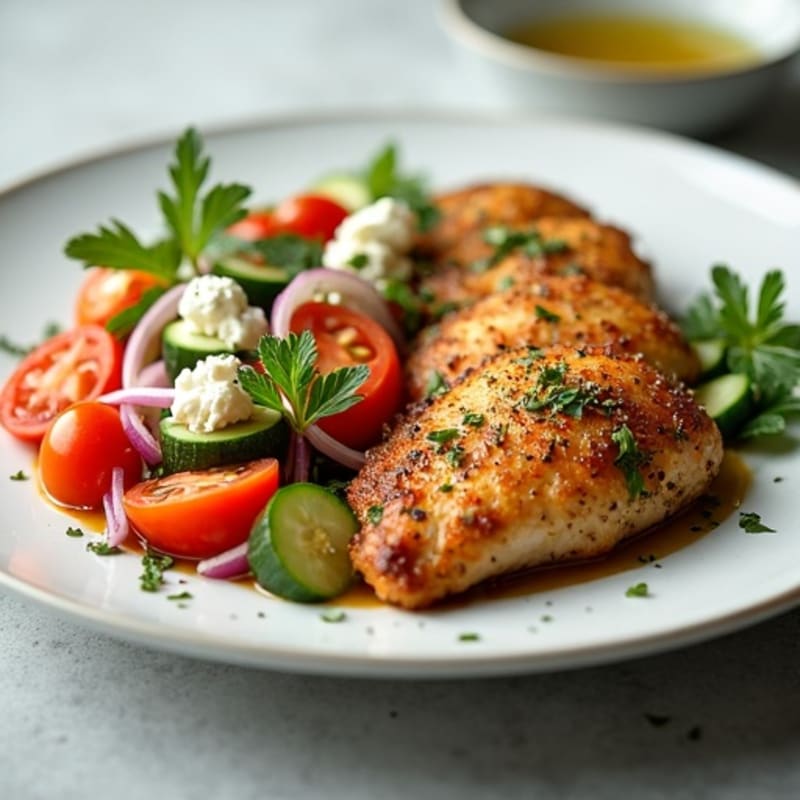 Crispy Lemon Herb Chicken with Fresh Vegetable and Feta Salad