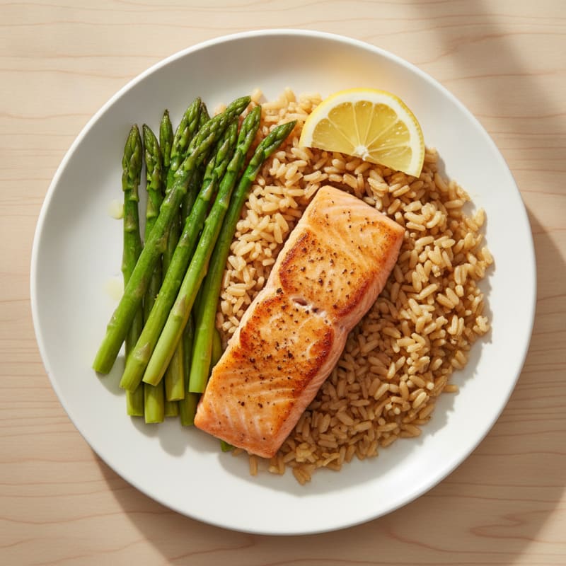 Seared Salmon Fillet with Steamed Asparagus and Garlic Brown Rice