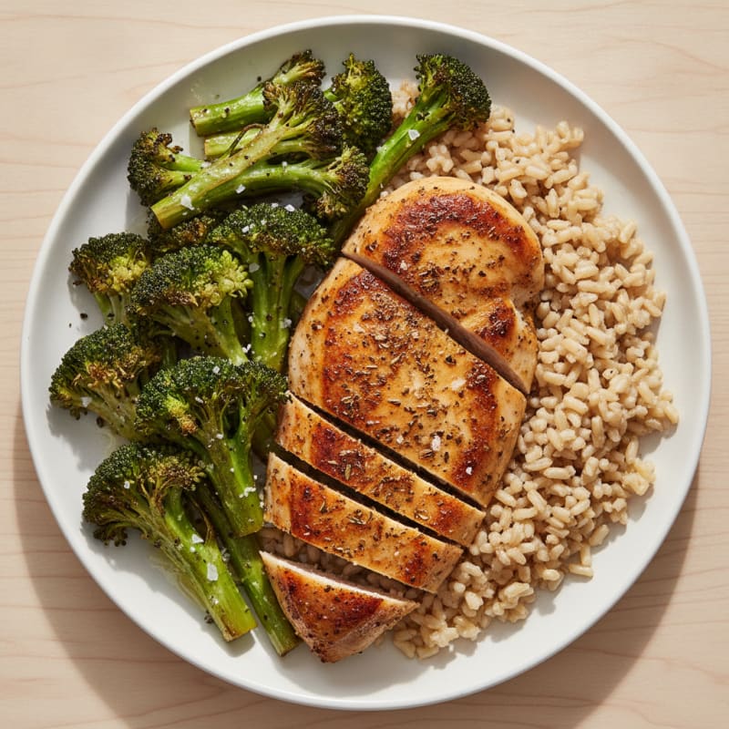 Seared Chicken Breast with Roasted Broccoli and Brown Rice