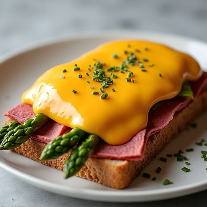 Lean Roast Beef Open-Faced Sandwich with Melted Cheddar and Roasted Asparagus