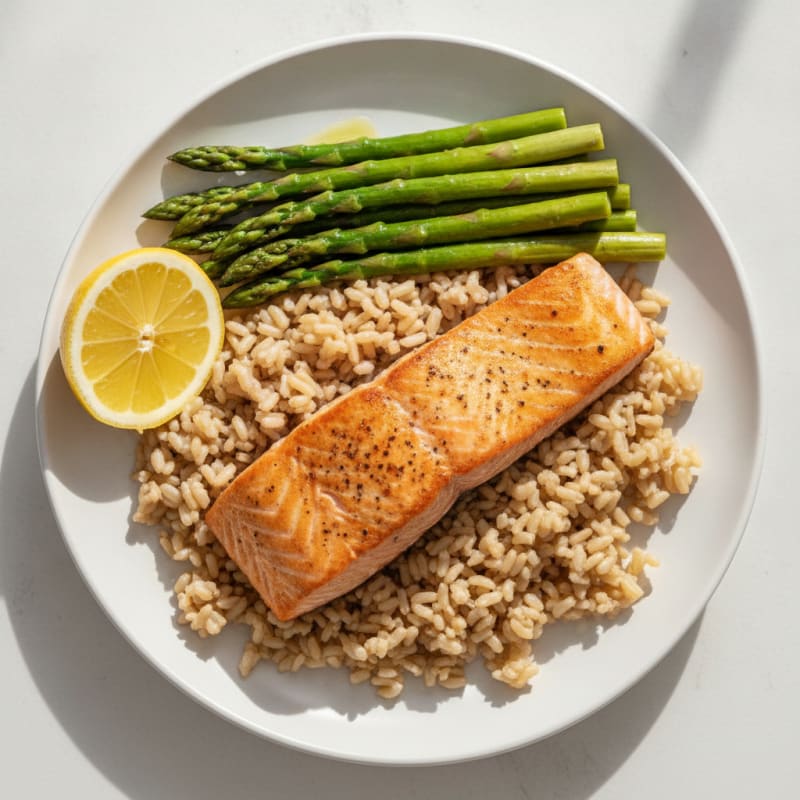 Seared Salmon with Steamed Asparagus and Brown Rice