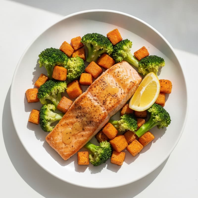 Seared Salmon with Roasted Sweet Potato and Steamed Broccoli