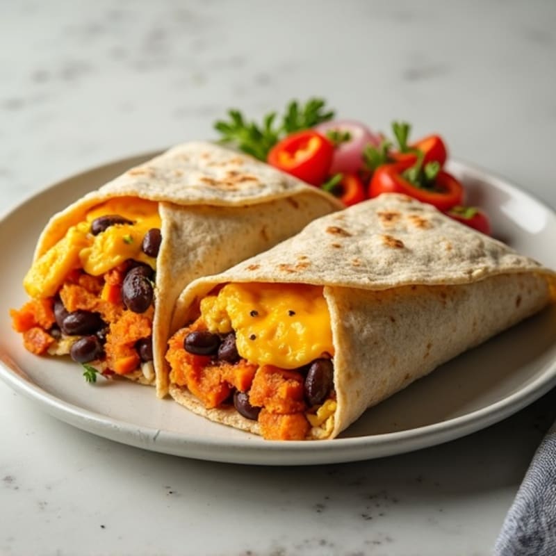 Hearty Scrambled Egg and Black Bean Breakfast Burrito with Roasted Sweet Potatoes