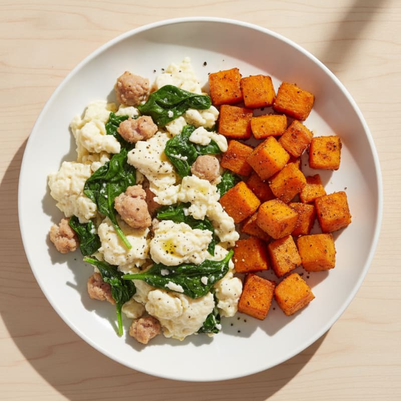 Egg White and Turkey Sausage Scramble with Spinach and Roasted Sweet Potato