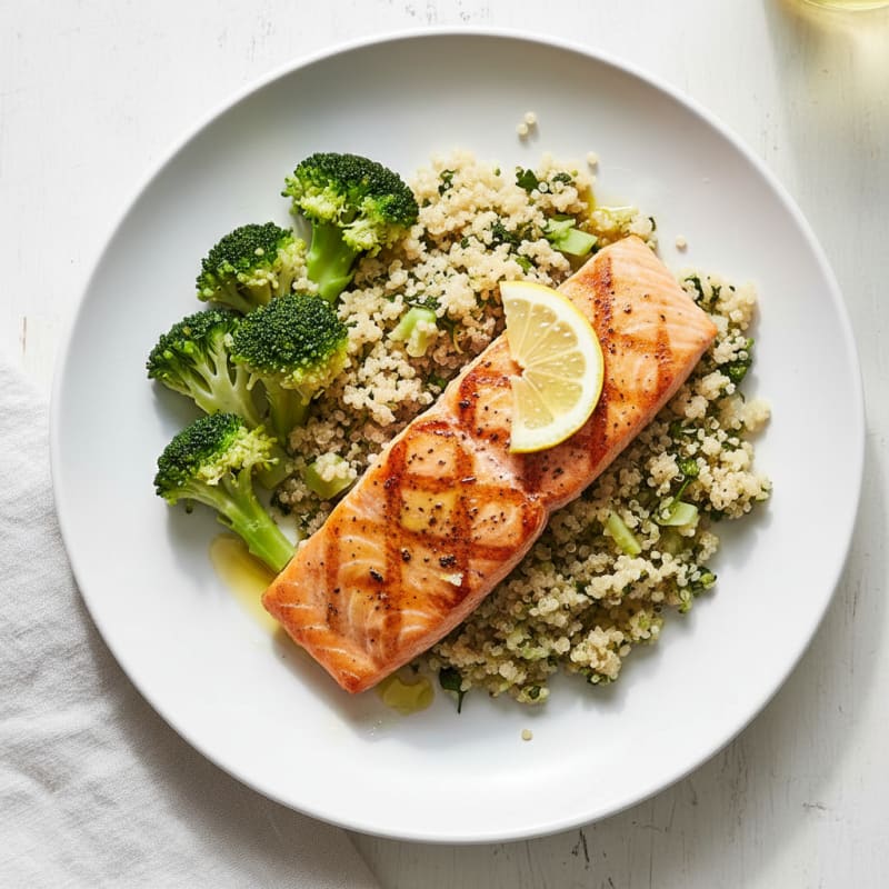 Seared Salmon with Steamed Broccoli and Quinoa