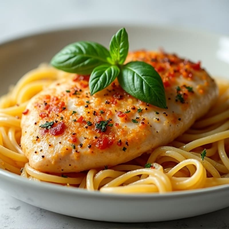 Spicy Pan-Seared Chicken with Creamy Garlic Herb Pasta