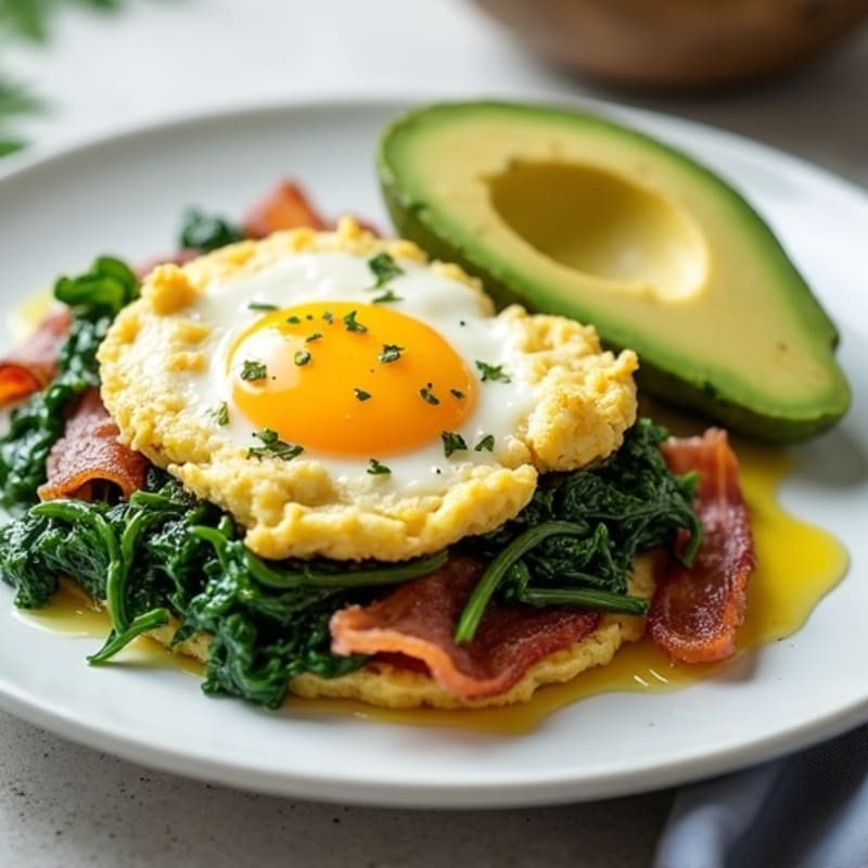 Egg White and Cottage Cheese Scramble with Sautéed Spinach and Turkey Bacon