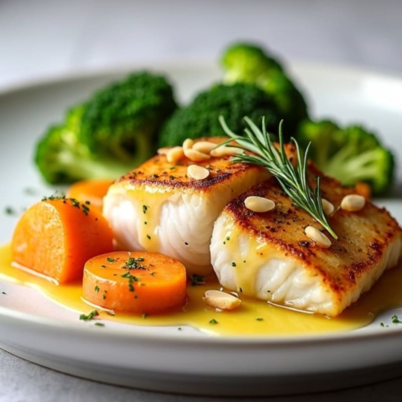 Baked Cod with Herb-Roasted Sweet Potatoes and Steamed Broccoli