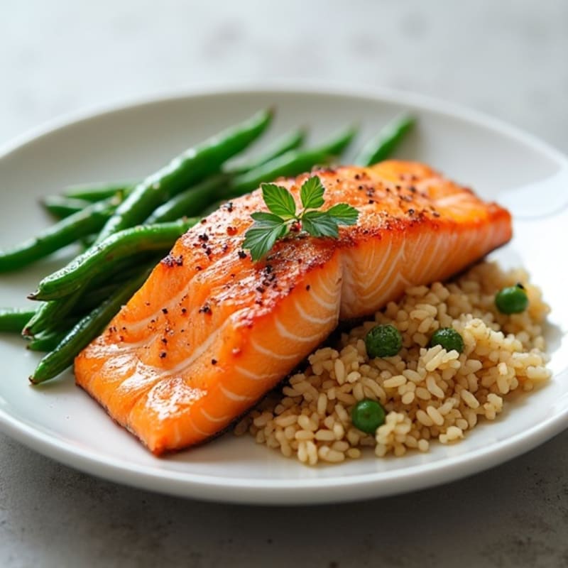 Seared Salmon Fillet with Garlic Green Beans and Brown Rice