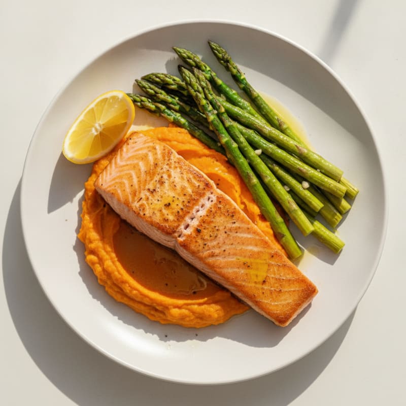 Seared Salmon with Roasted Asparagus and Sweet Potato Mash