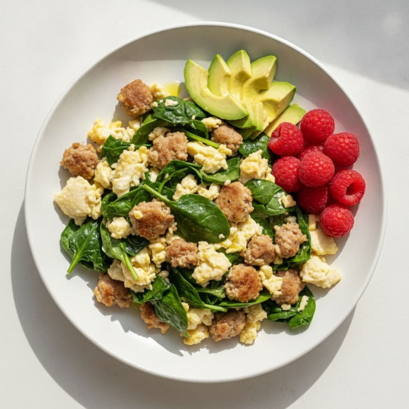 Egg White and Turkey Sausage Scramble with Baby Spinach