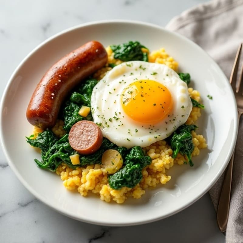 Egg White Scramble with Turkey Sausage and Sautéed Spinach