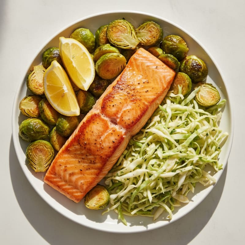 Seared Salmon with Crispy Brussels Sprouts and Cabbage Slaw