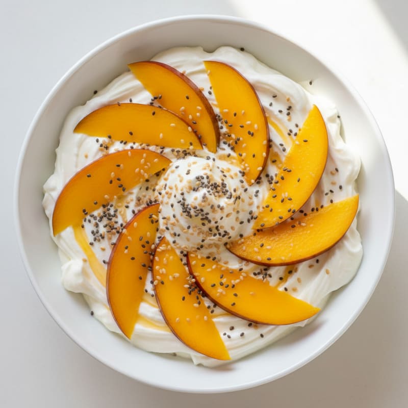 Protein Greek Yogurt Bowl with Chia Seeds and Sliced Mango