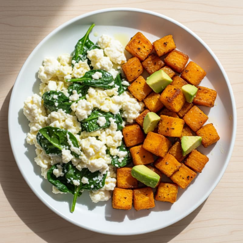 Egg White and Cottage Cheese Scramble with Sautéed Spinach and Roasted Sweet Potatoes