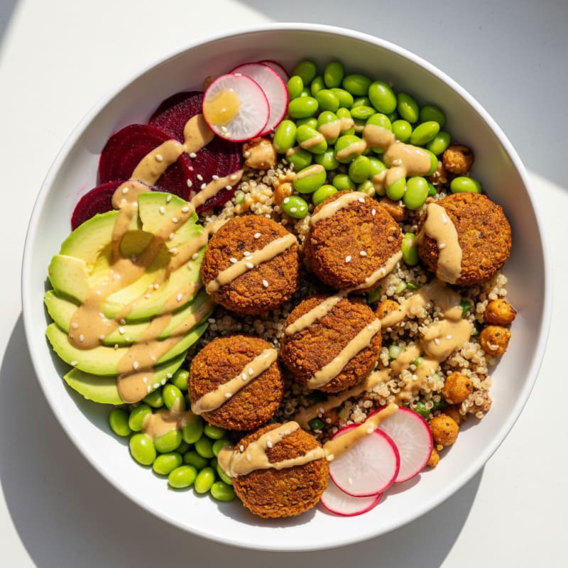 Crispy Falafel Quinoa Bowl with Edamame and Avocado
