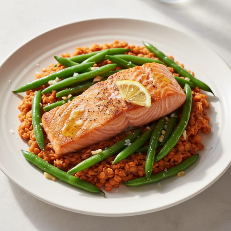 Seared Salmon with Garlic Green Beans and Red Lentil Mash