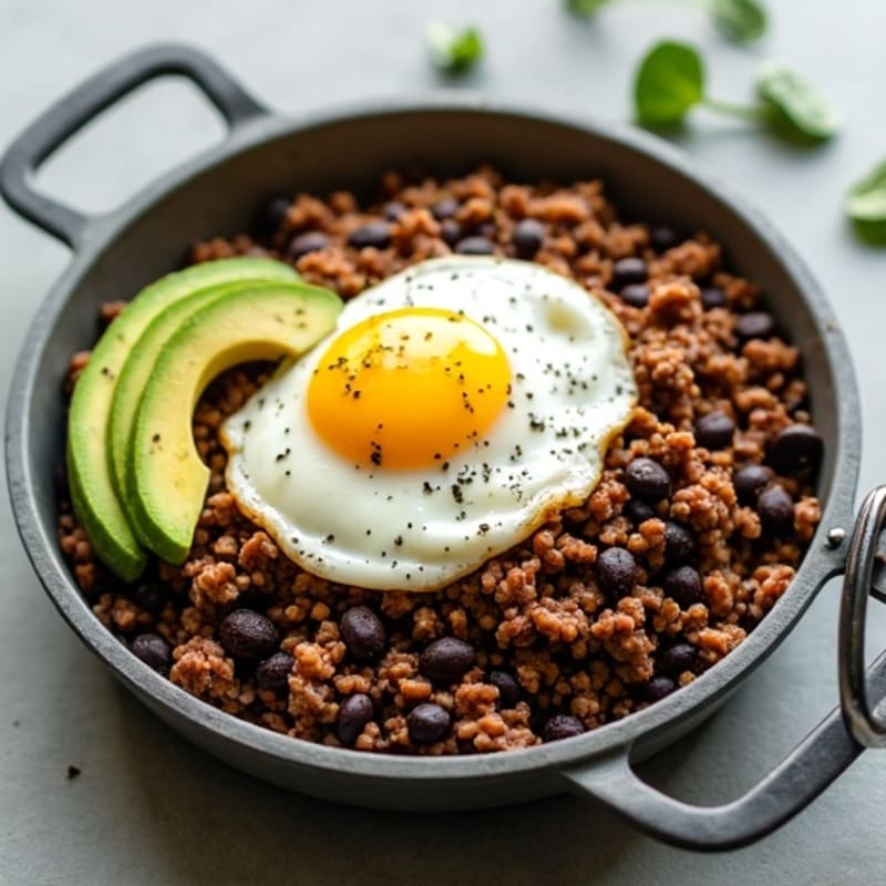 Lean Ground Beef and Black Bean Skillet with Fried Egg and Creamy Avocado