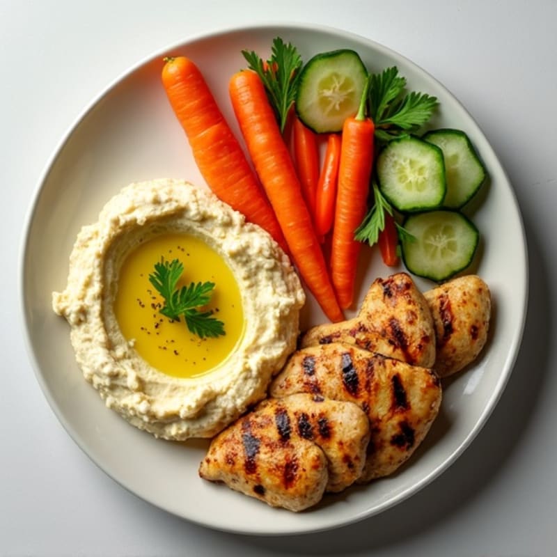 Creamy Hummus with Lemon-Herb Grilled Chicken and Fresh Crisp Vegetables