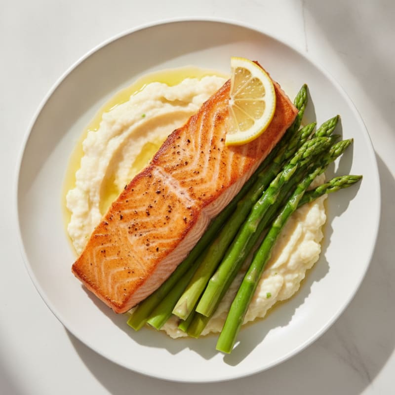 Seared Salmon with Steamed Asparagus and Cauliflower Mash