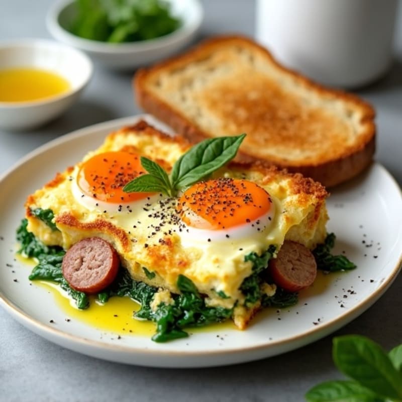 Crispy Turkey Sausage and Spinach Egg Bake with Sourdough Toast