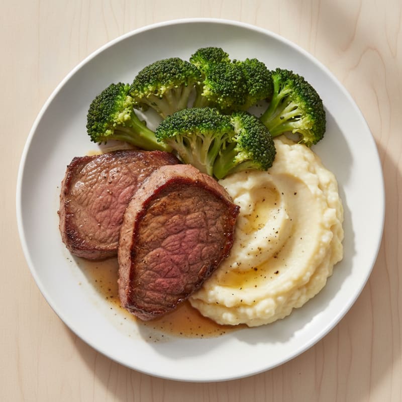 Seared Lean Beef with Steamed Broccoli and Garlic Mashed Cauliflower
