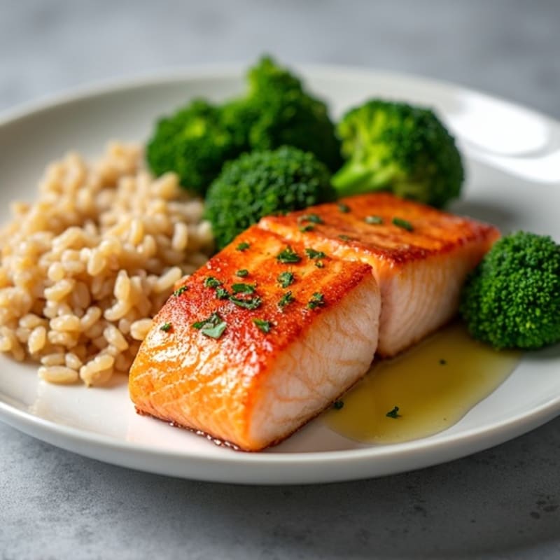 Seared Salmon with Steamed Broccoli and Brown Rice