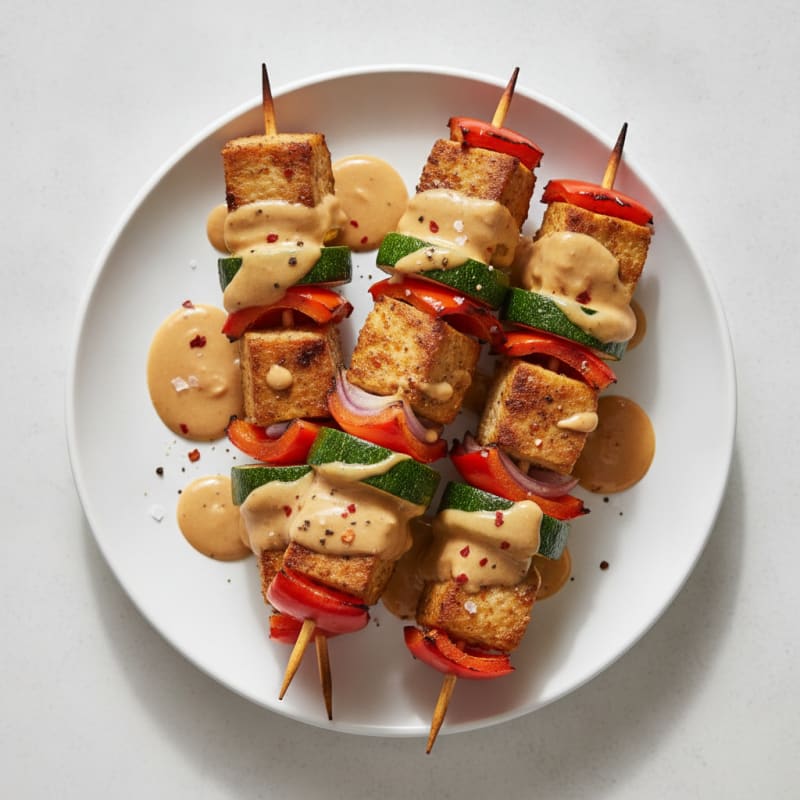 Seitan & Vegetable Skewers with Peanut Sauce